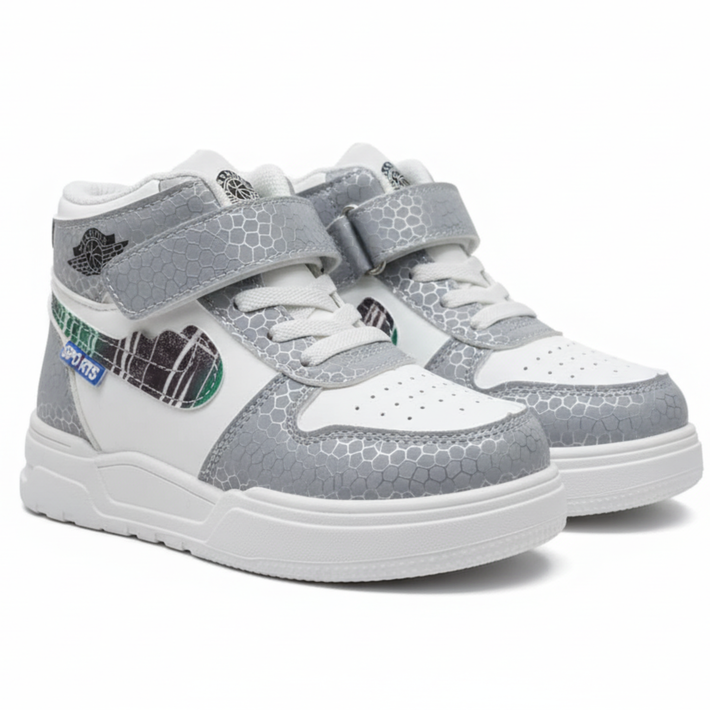 Kids Grey & White High-Top Sneakers with Velcro Strap and Cushioned Sole