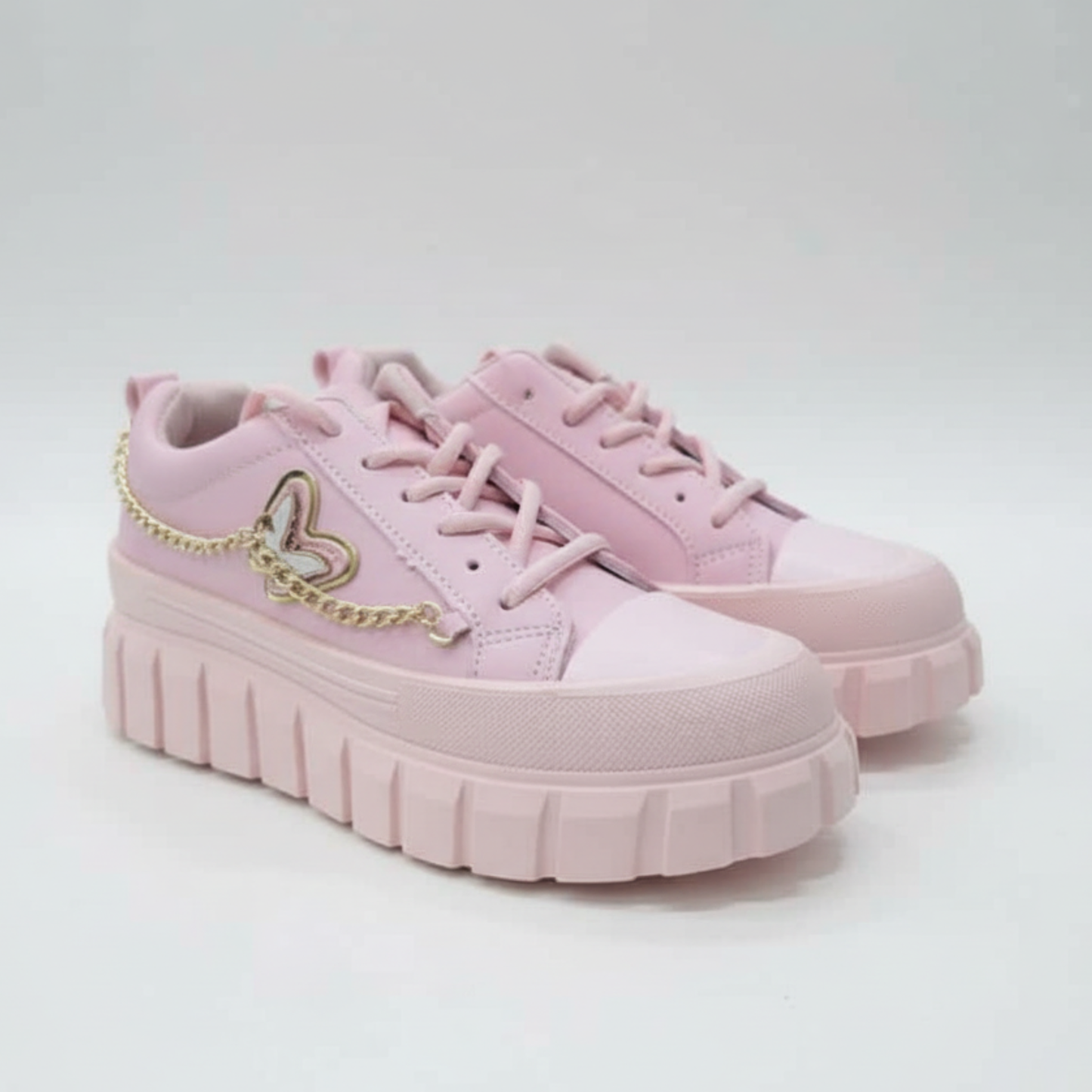 Women’s Pink Chunky Platform Sneakers with Heart Chain Trendy Casual Shoes