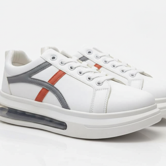 White Air Cushion Sneakers for Men , Stylish Casual Shoes with Grey & Red Stripes