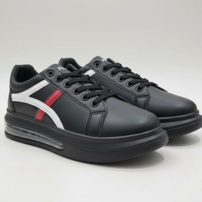 Black Air Cushion Sneakers for Men ,Stylish Casual Shoes with White & Red Stripes
