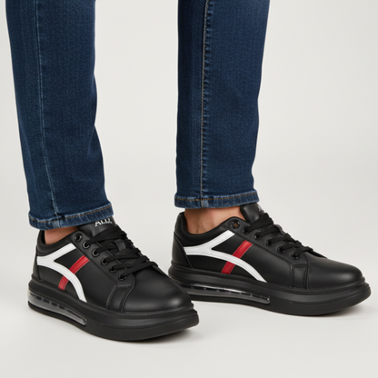 Black Air Cushion Sneakers for Men ,Stylish Casual Shoes with White & Red Stripes