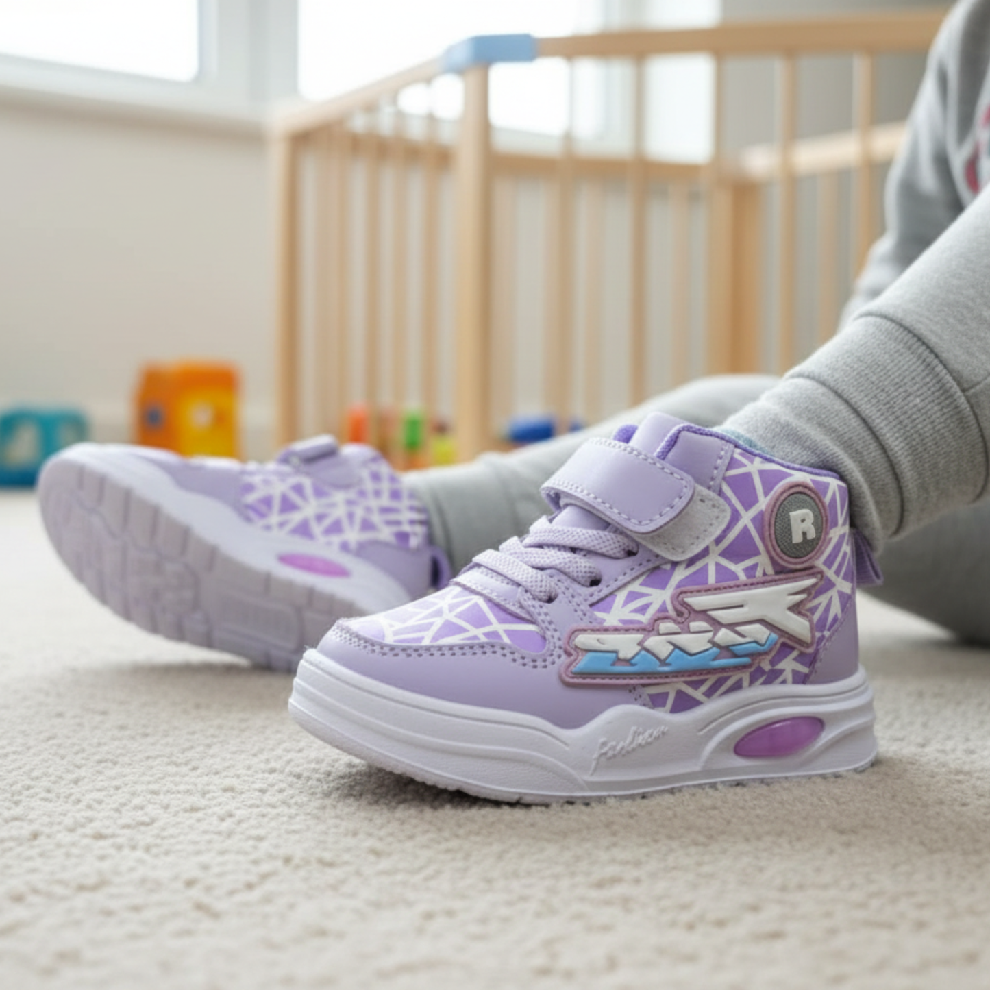 Kids Purple High-Top Sneakers with Velcro Strap & Cushioned Sole