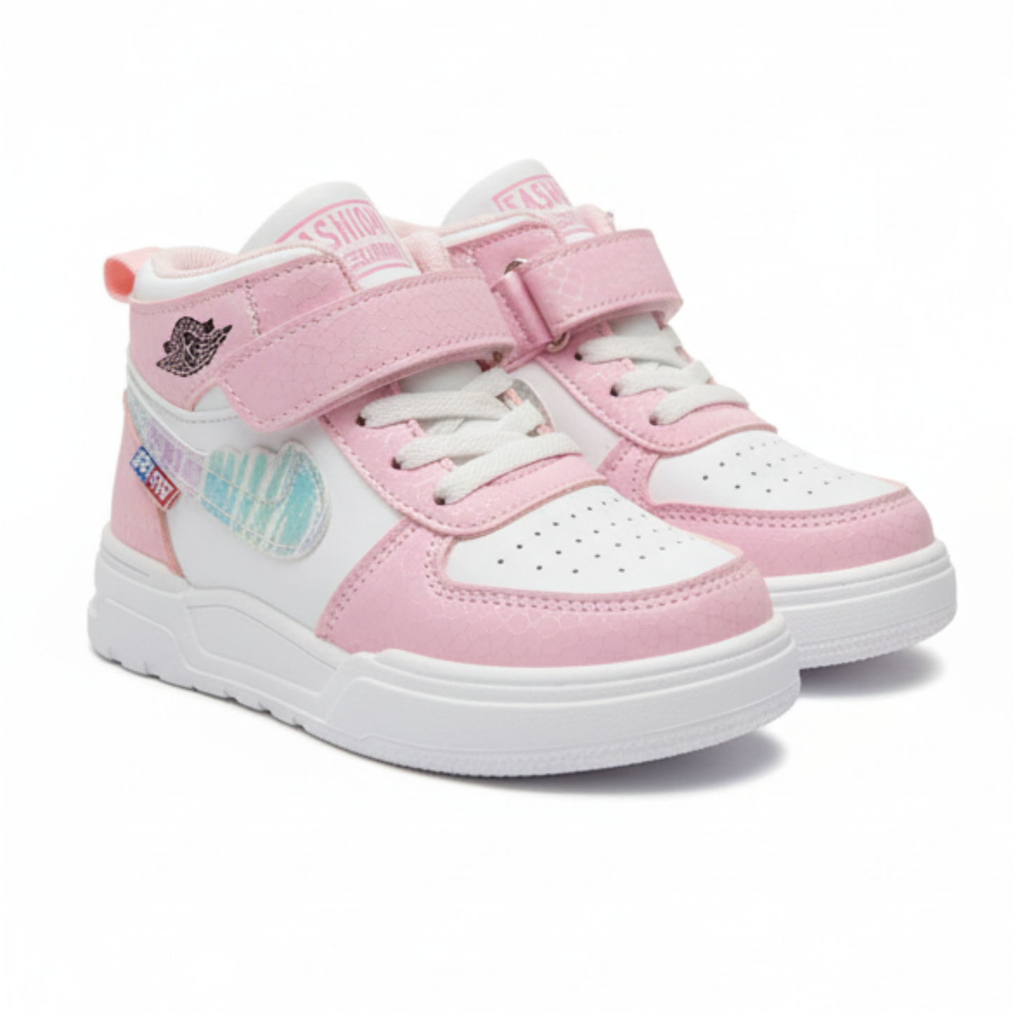 Kids Pink High-Top Sneakers with Velcro Strap & Cushioned Sole