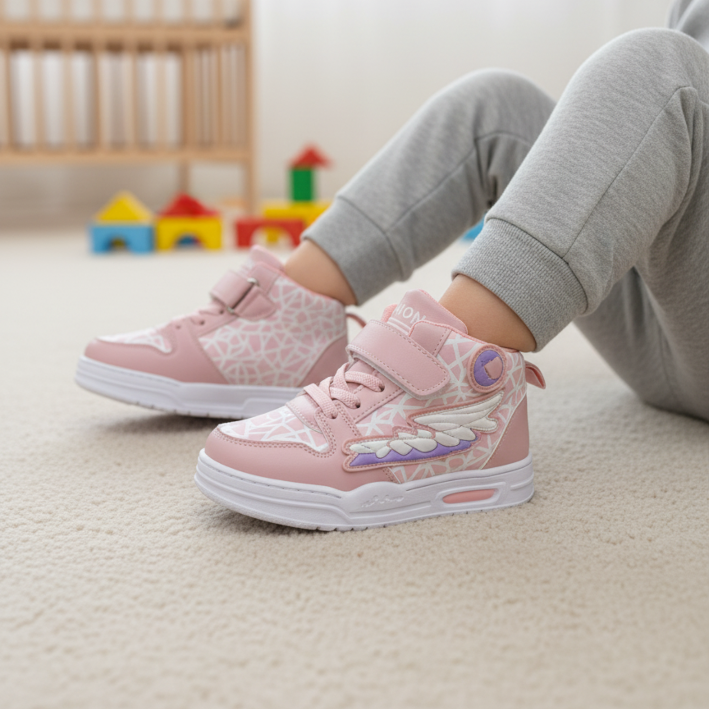 Kids Pink High-Top Sneakers with Velcro Strap & Cushioned Sole