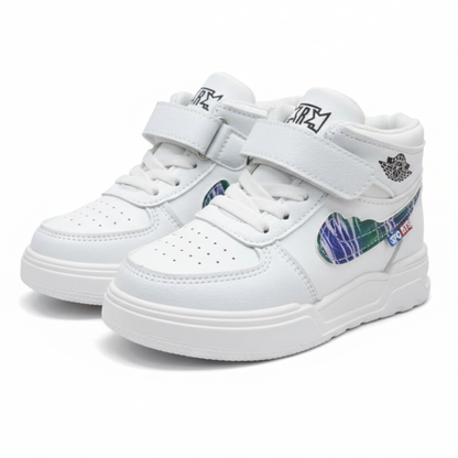 Kids White High-Top Sneakers with Velcro Strap | Comfortable & Stylish Casual Shoes for Boys & Girls