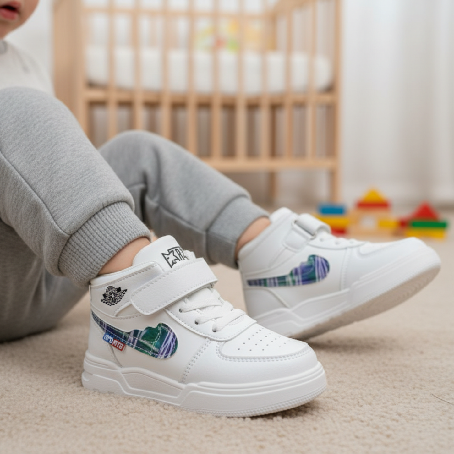 Kids White High-Top Sneakers with Velcro Strap | Comfortable & Stylish Casual Shoes for Boys & Girls