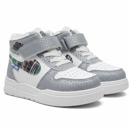 Kids Grey & White High-Top Sneakers with Velcro Strap and Cushioned Sole
