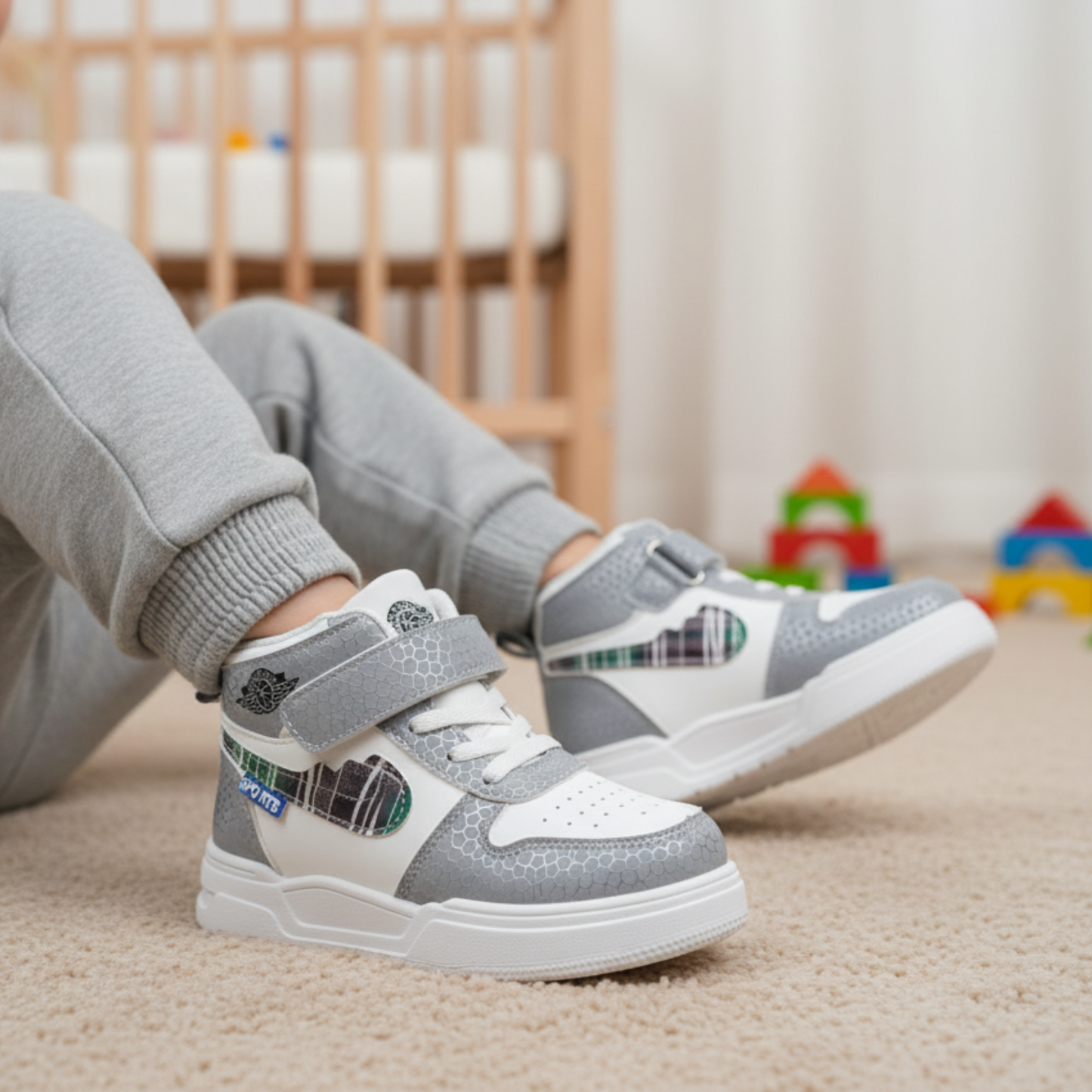 Kids Grey & White High-Top Sneakers with Velcro Strap and Cushioned Sole