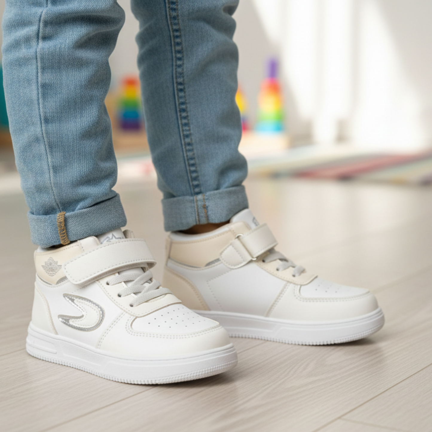 Kids White High-Top Sneakers with Velcro Strap | Stylish & Comfortable Boys Casual Shoes
