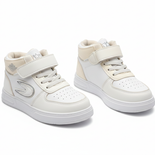 Kids White High-Top Sneakers with Velcro Strap | Stylish & Comfortable Boys Casual Shoes
