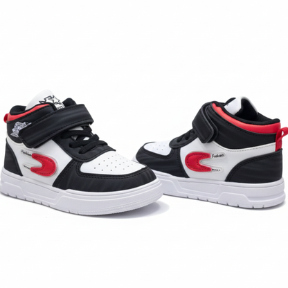 Kids Black & White High-Top Sneakers with Red Accent | Stylish Velcro Strap Boys Shoes