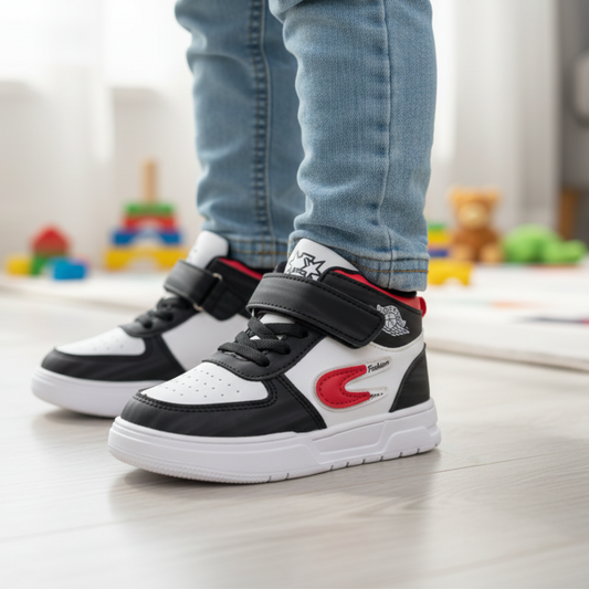Kids Black & White High-Top Sneakers with Red Accent | Stylish Velcro Strap Boys Shoes