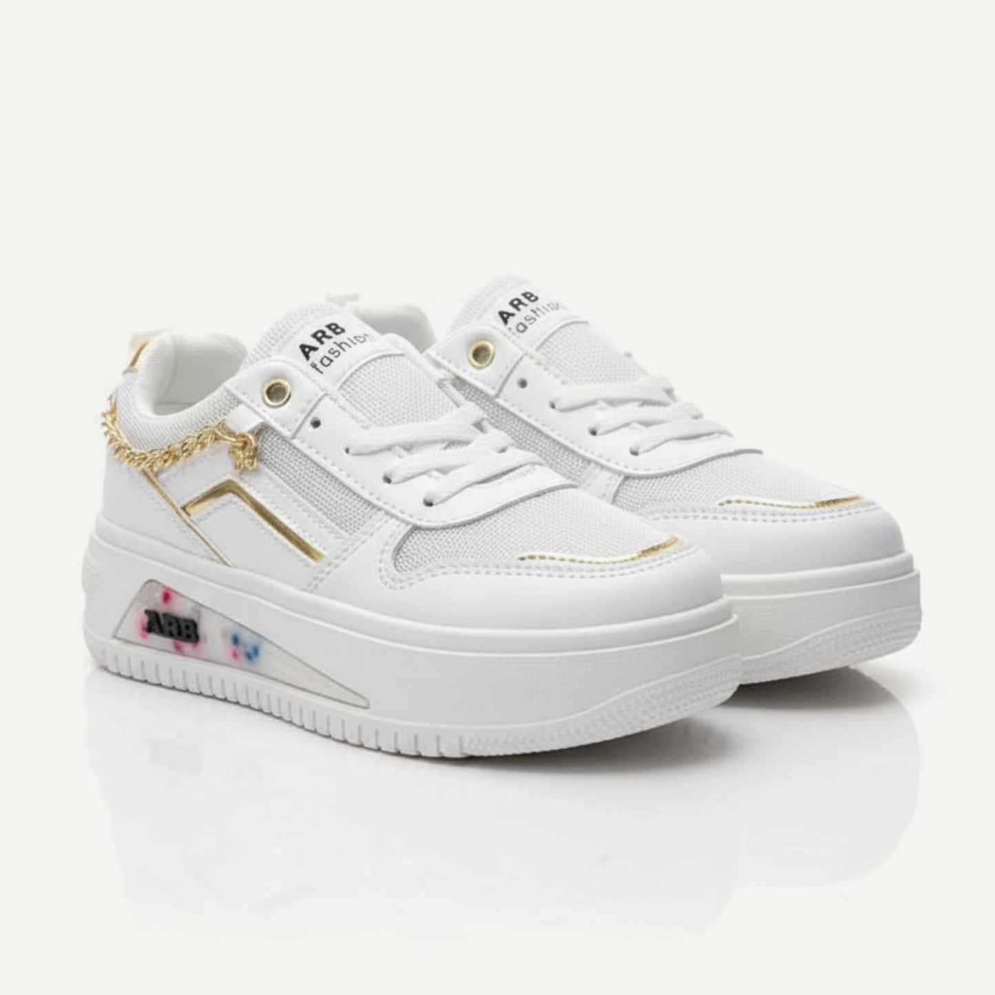 Women’s White Chunky Sneakers with Gold Chain | Premium Platform Casual Shoes